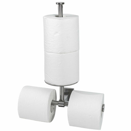 Double stainless steel wall-mounted toilet paper holder with shelf, ideal for bathroom storage and organization.