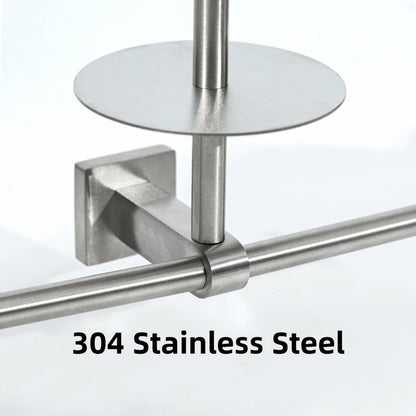 Double stainless steel toilet paper holder with shelf, wall mount, for bathroom storage and organization.