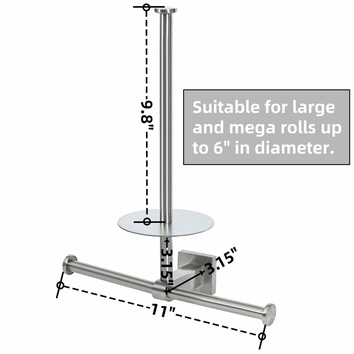 Double stainless steel wall-mounted toilet paper holder with shelf for bathroom storage, sleek and durable design.