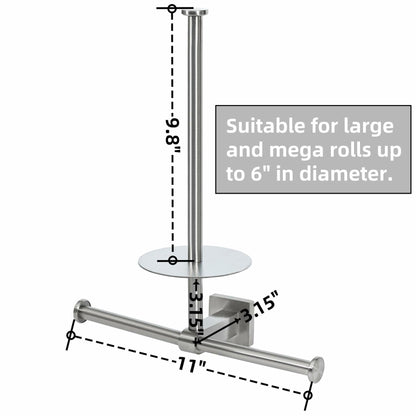 Double stainless steel wall-mounted toilet paper holder with shelf for bathroom storage, sleek and durable design.