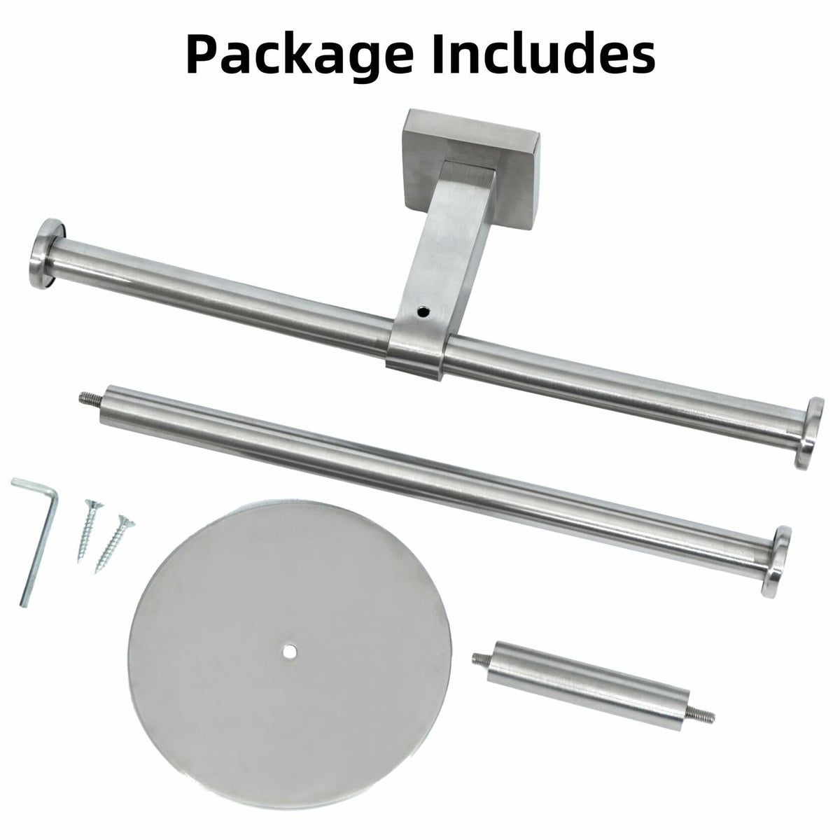 Double stainless steel wall-mounted toilet paper holder with shelf, ideal for bathroom storage and organization.