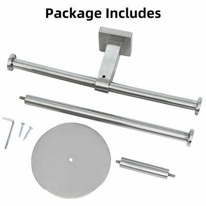 Double stainless steel wall-mounted toilet paper holder with shelf, ideal for bathroom storage and organization.