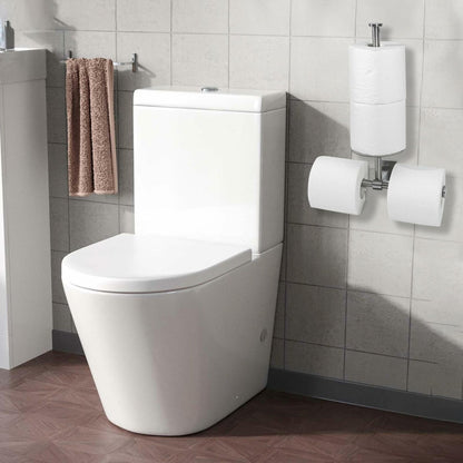 Double stainless steel toilet paper holder with shelf, wall-mounted bathroom storage by Deal US.