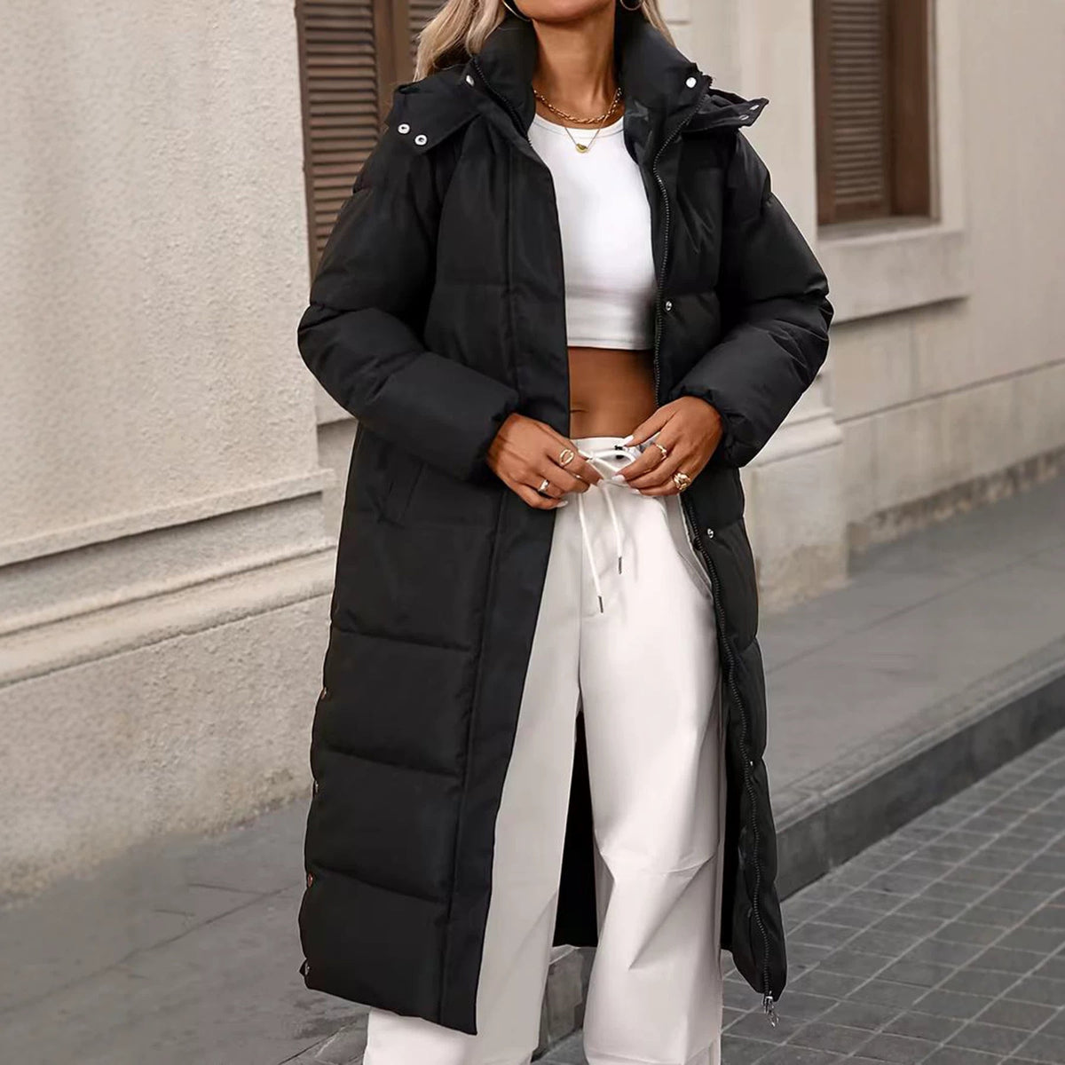 Black long-length hooded thickened cotton coat for women, front view
