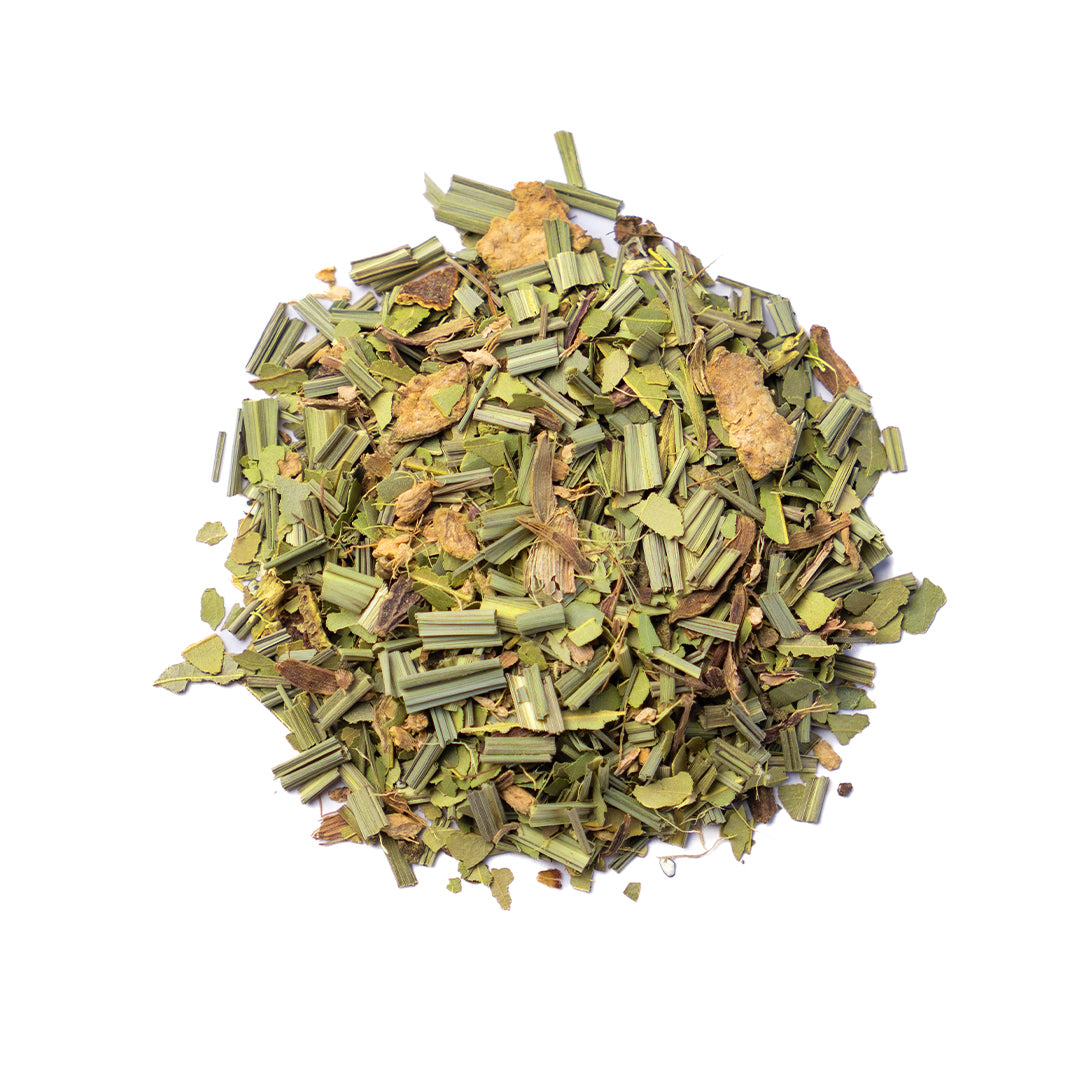 Organic Kathmandu Cosmos blend by Nepal Tea, naturally decaffeinated and caffeine-free, featuring a colorful, aromatic tea blend in a cup.
