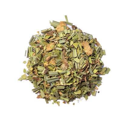 Organic Kathmandu Cosmos blend by Nepal Tea, naturally decaffeinated and caffeine-free, featuring a colorful, aromatic tea blend in a cup.