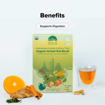 Nepal Tea Organic Kathmandu Cosmos decaf blend tea in a package, caffeine-free and naturally decaffeinated.