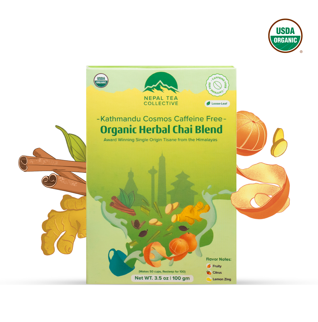 Organic Kathmandu Cosmos decaf tea blend by Nepal Tea, showcasing a steaming cup of caffeine-free herbal tea with fresh herbs.
