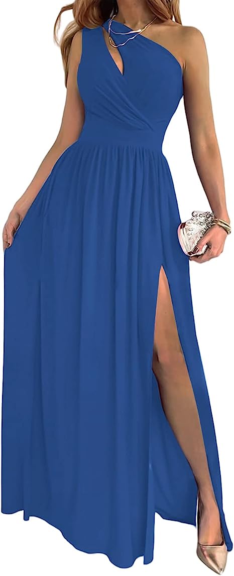 Women's one shoulder high split cutout sleeveless cocktail maxi dress in elegant style