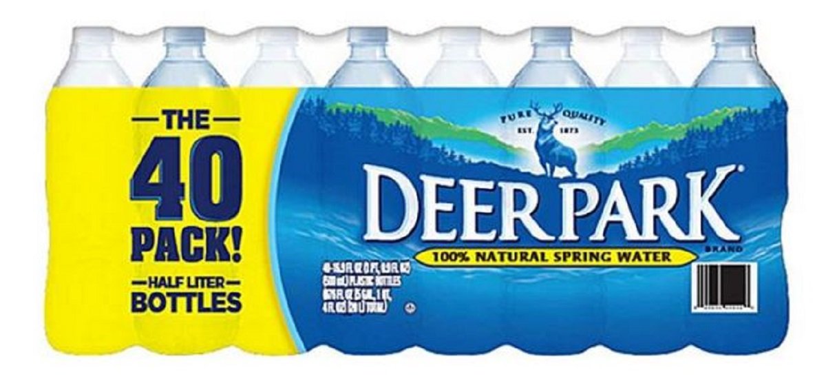 12-pack of Deer Park Spring Water bottles, 16.9 fl oz each, showing clear plastic bottles with Deer Park branding and labels.