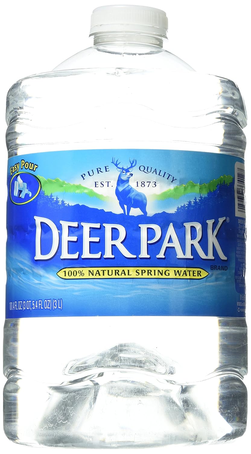 Deer Park Spring Water 24-pack, 16.9 fl oz bottles, natural spring water with a crisp, refreshing taste, arranged in a grid.