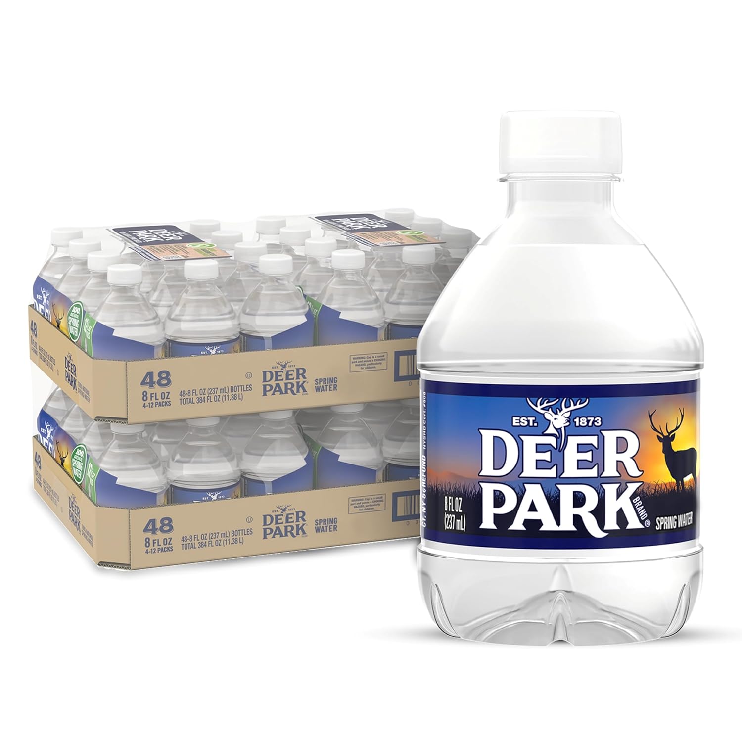 12-pack of Deer Park spring water bottles, 16.9 fl oz each, showing clear plastic bottles filled with crisp, refreshing spring water.