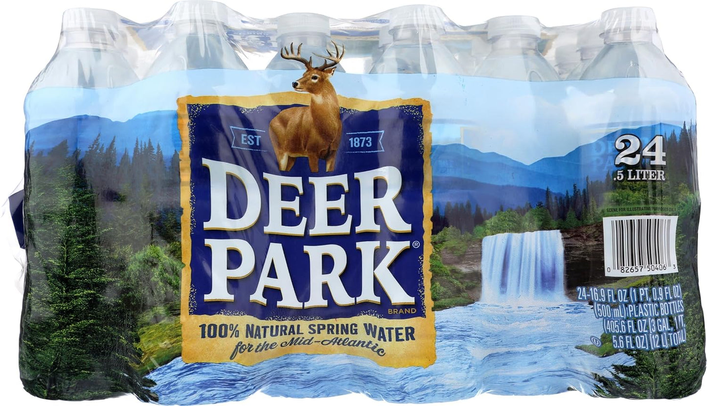 Pack of 24 Deer Park Spring Water bottles, 16.9 fl oz each, showcasing clear bottles and crisp, refreshing water inside.