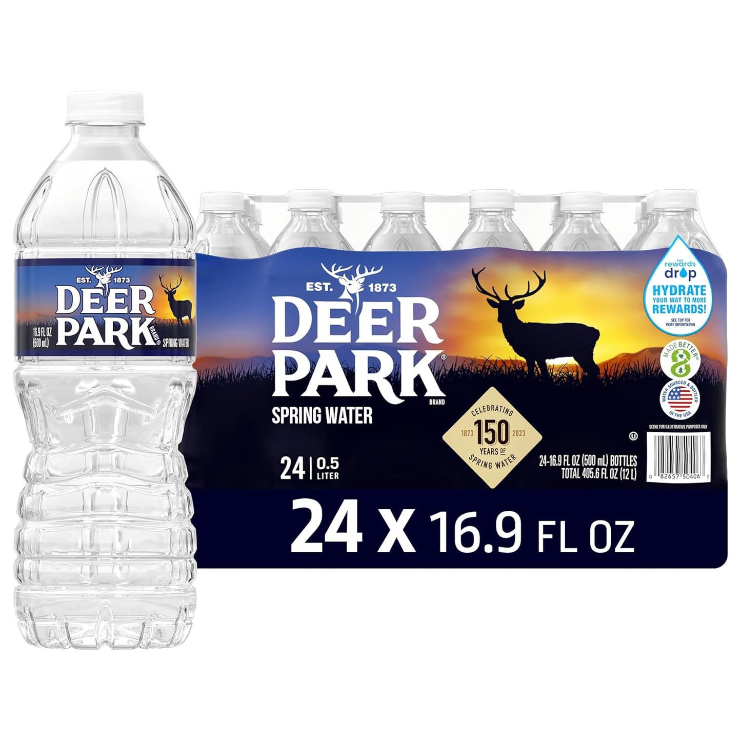 Deer Park Spring Water 24-pack, 16.9 fl oz bottles, clear water with natural, crisp refreshment in plastic bottles.