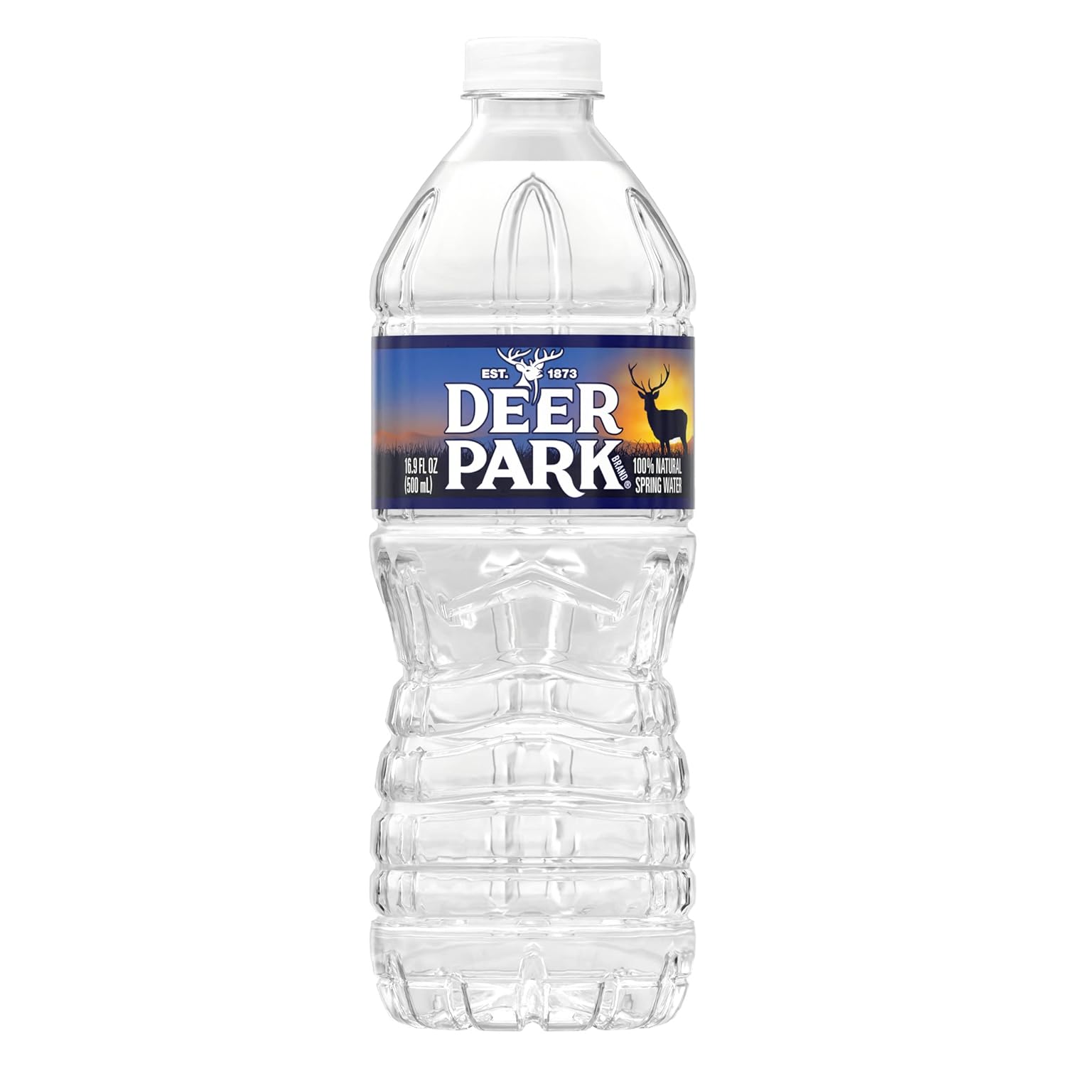 Deer Park Spring Water 24-pack, 16.9 fl oz bottles, natural spring water with crisp refreshing taste, arranged in a cardboard pack