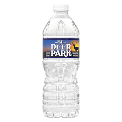 Deer Park Spring Water 24-pack, 16.9 fl oz bottles, natural spring water with crisp refreshing taste, arranged in a cardboard pack