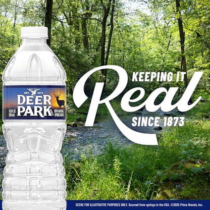 Deer Park Spring Water 24-pack, 16.9 fl oz bottles showing clear water and blue caps, emphasizing fresh, natural spring water.