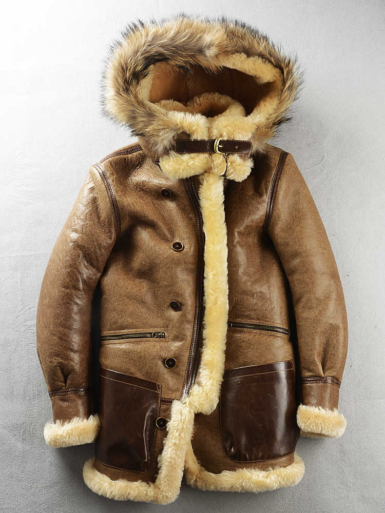 Multi-pocket thick long-haired fur leather coat in a warm brown finish; brand not specified