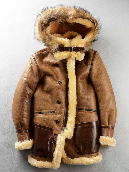 Multi-pocket thick long-haired fur leather coat in a warm brown finish; brand not specified