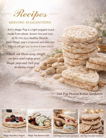 Kim's Magic Pop Delice package with cinnamon swirl, salted caramel, and dark chocolate flavored rice snacks in 6 or 12 pack.