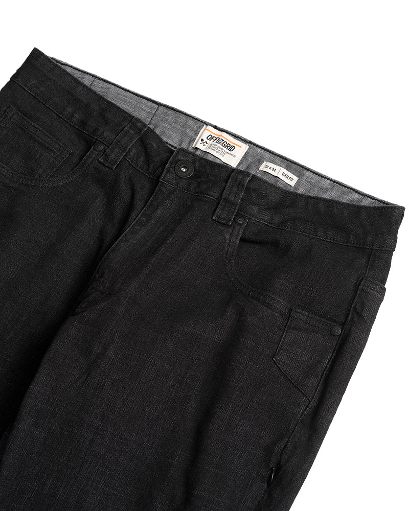 Black denim taper fit pants from Off The Grid Surplus, featuring classic five-pocket design and a modern tapered silhouette.