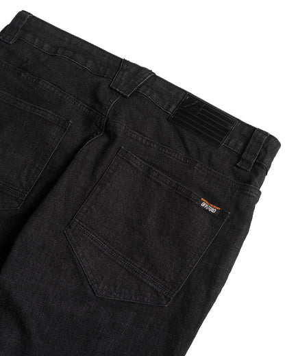 Black denim taper fit pants by Off The Grid Surplus, featuring a stylish, slim silhouette and classic denim texture.