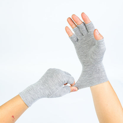 Light gray bamboo fiber half-finger compression gloves displayed pairwise