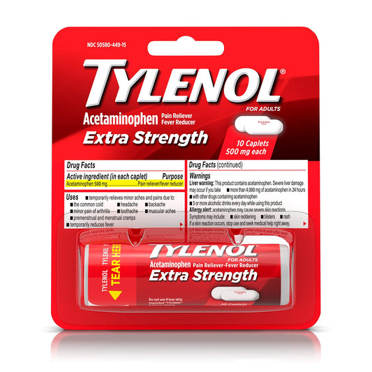 Extra Strength Tylenol pain and fever relief tablets in a 10-count package, designed for effective pain and fever reduction.