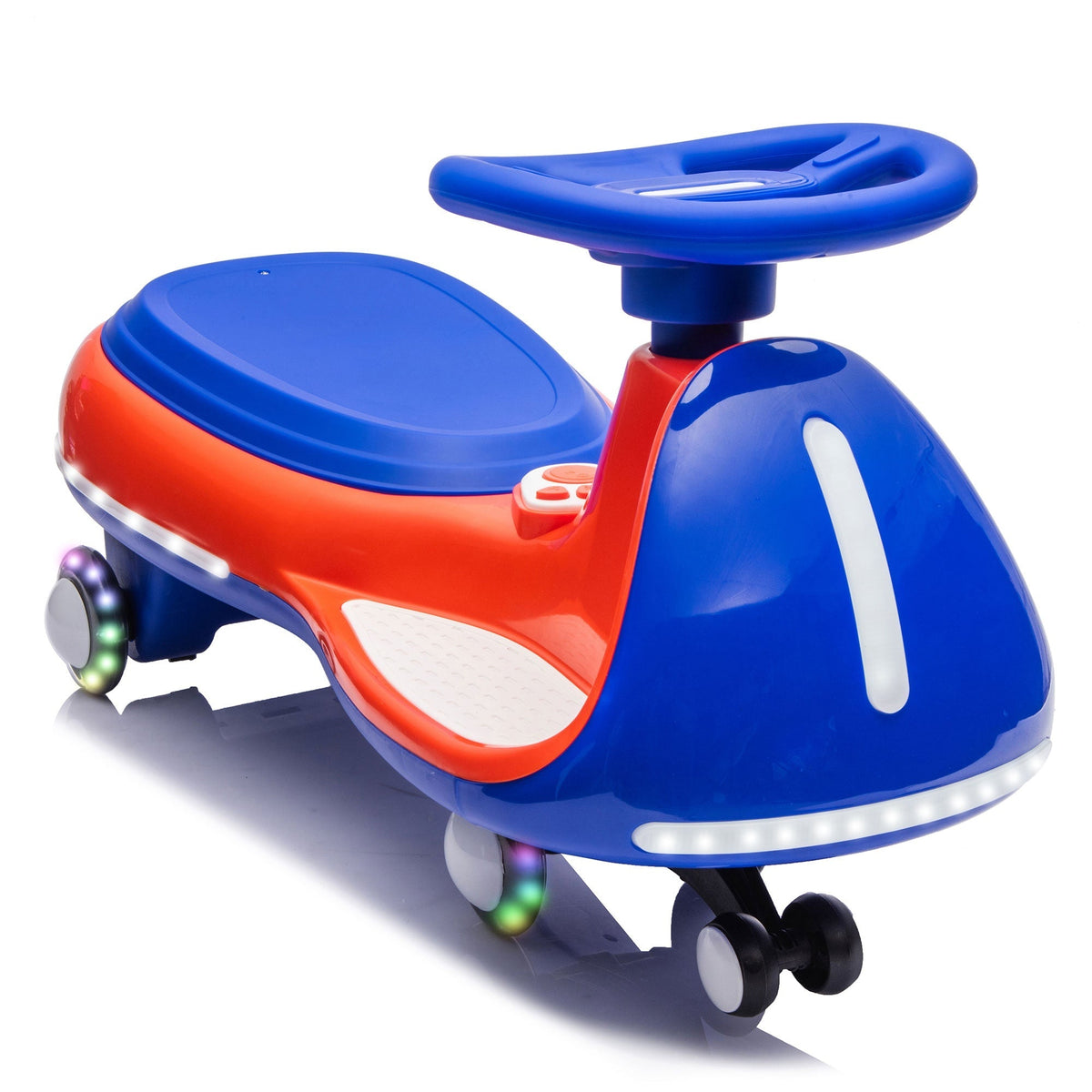 12V electric wiggle ride-on toy car with dual motors and LED lights, designed for kids, in vibrant colors with safety features.