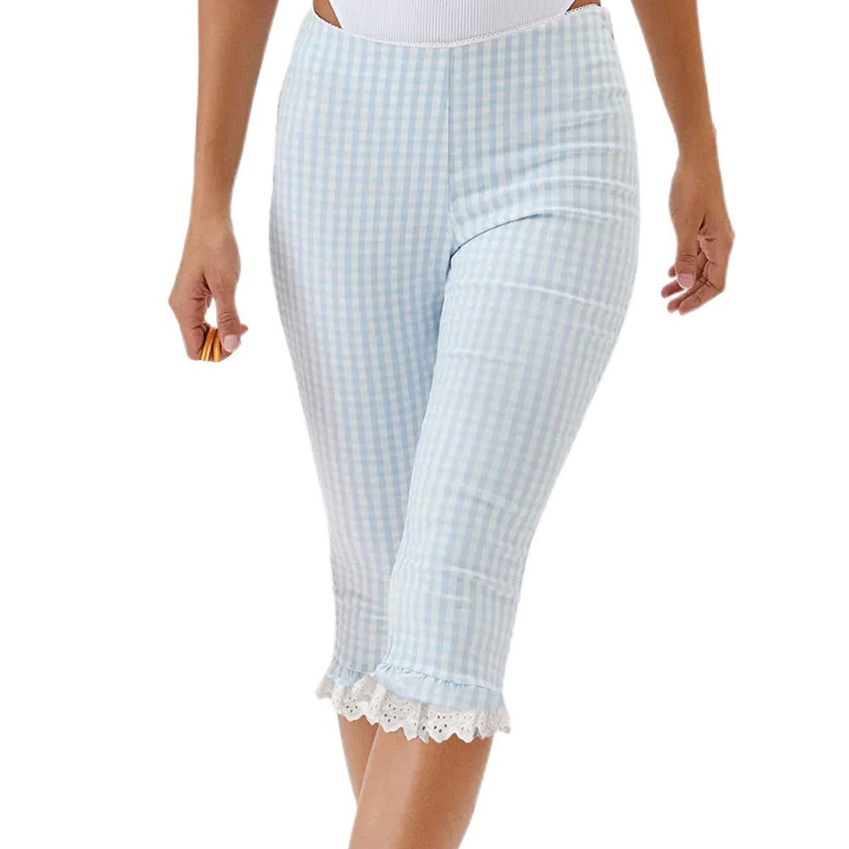 Women's plaid capri pants with lace flounce hem, close-up product view