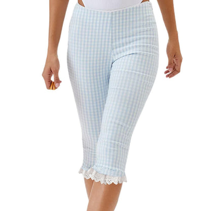 Women's plaid capri pants with lace flounce hem, close-up product view