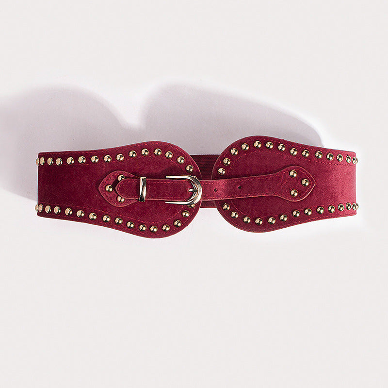 Women's western-style suede elastic wide waist belt with rivets and adjustable seal-back design