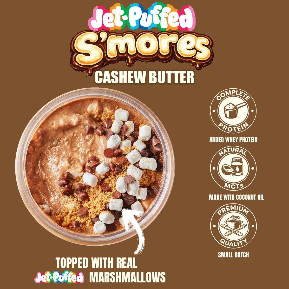 Backpack with Fit Butters JET-PUFFED® S'Mores Peanut Butter jar showing creamy texture and label detail.