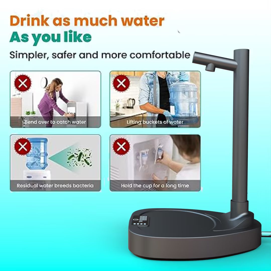 Automatic desktop water dispenser with stand and added extension tube for water bottles, rechargeable pump separator