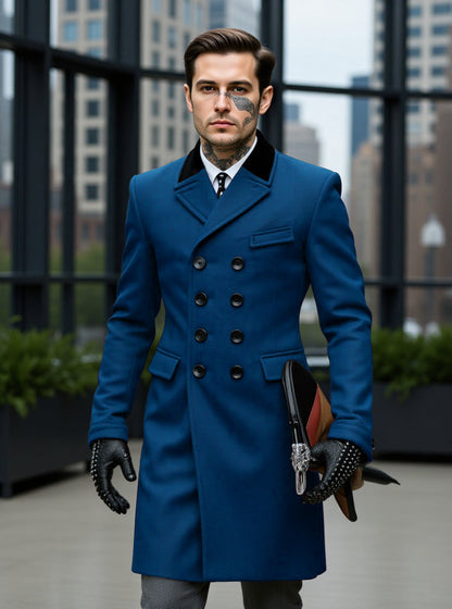Men's lined wool coat for fall and winter, shown in a classic full-length design
