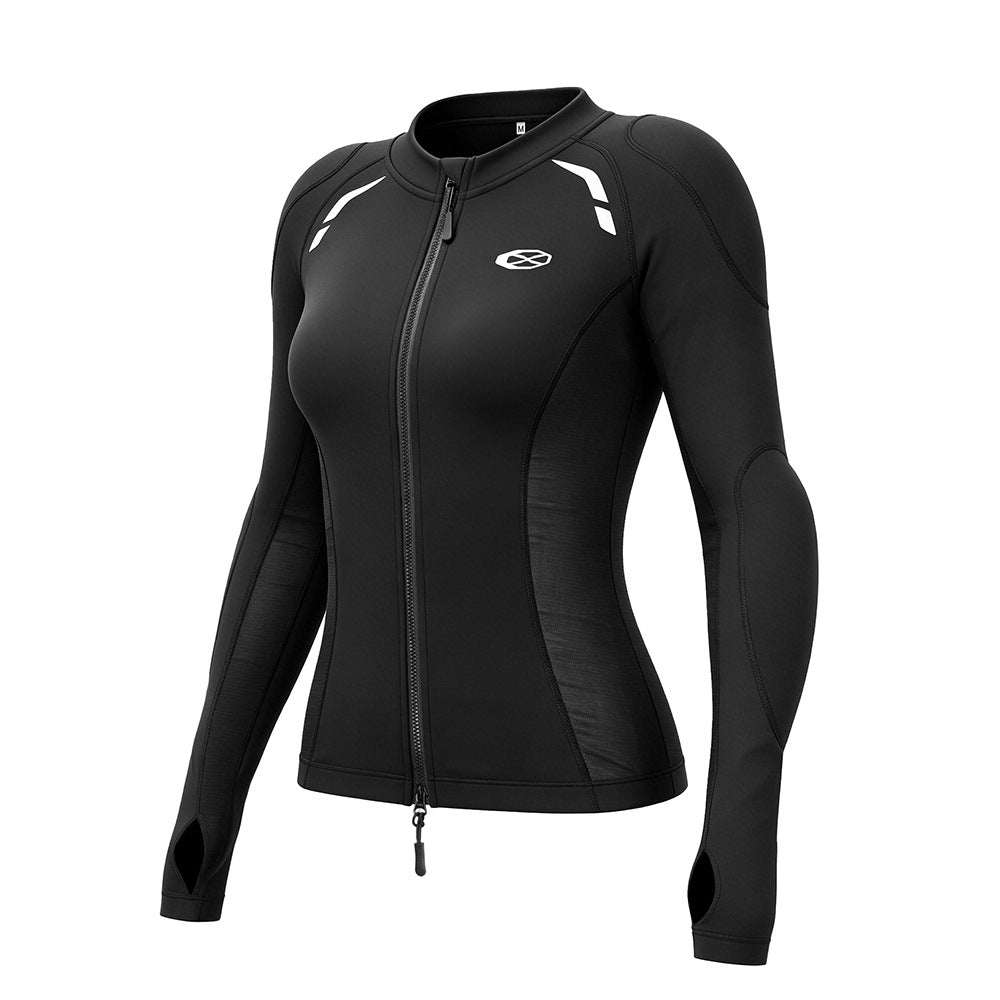 Women's outdoor motorcycle riding jacket with protective padding and zippered front, black textile design