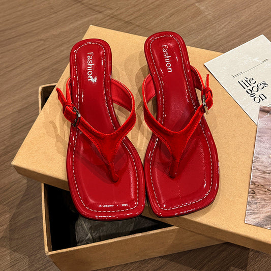Women's French square toe wedge platform thong sandals for outdoor wear, side view