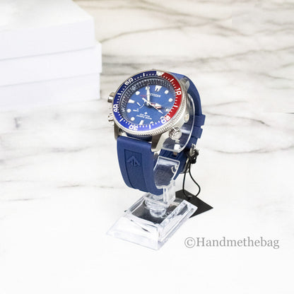 Citizen Promaster Diver Eco-Drive watch with interchangeable strap, black dial, and stainless steel case, suitable for underwater use.