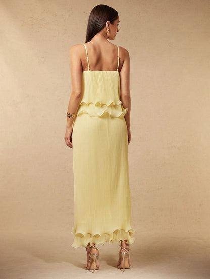 Pleated yellow strap spliced tiered long dress by My Store