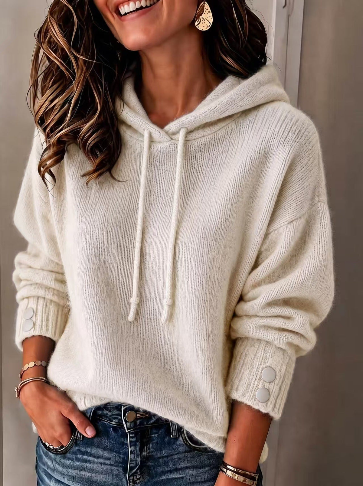 Women's hooded drawstring sweatshirt, loose-fit sweater in soft fabric