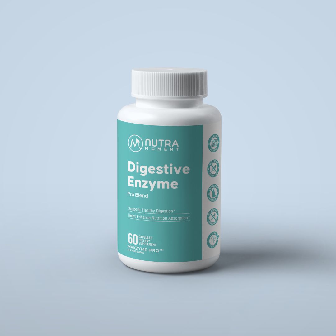 Nutra Moment Digestive Enzyme Pro Blend bottle with label, showcasing supplement capsules for digestive health.