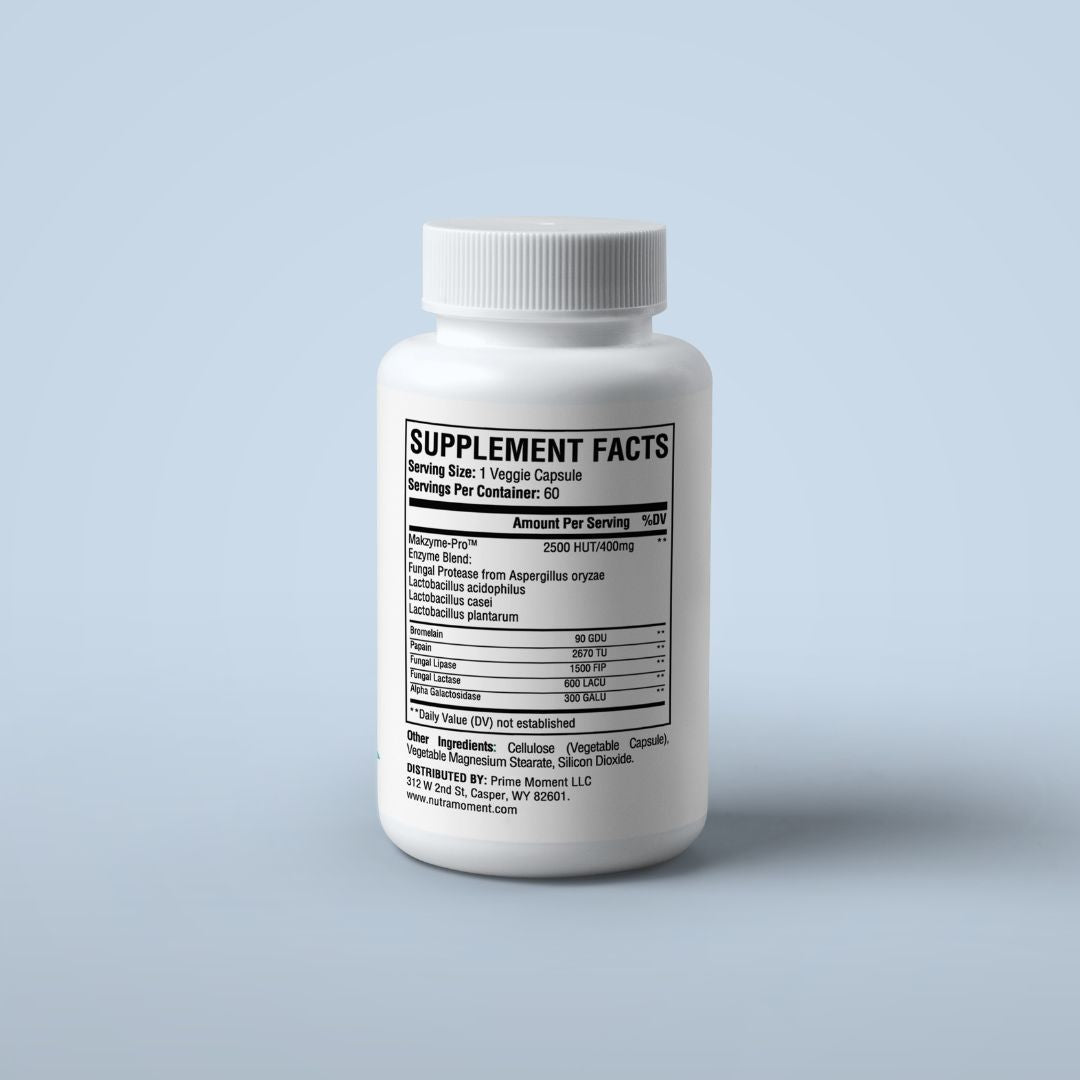 Bottle of Nutra Moment Digestive Enzyme Pro Blend supplement with capsules, designed to support healthy digestion and gut health.