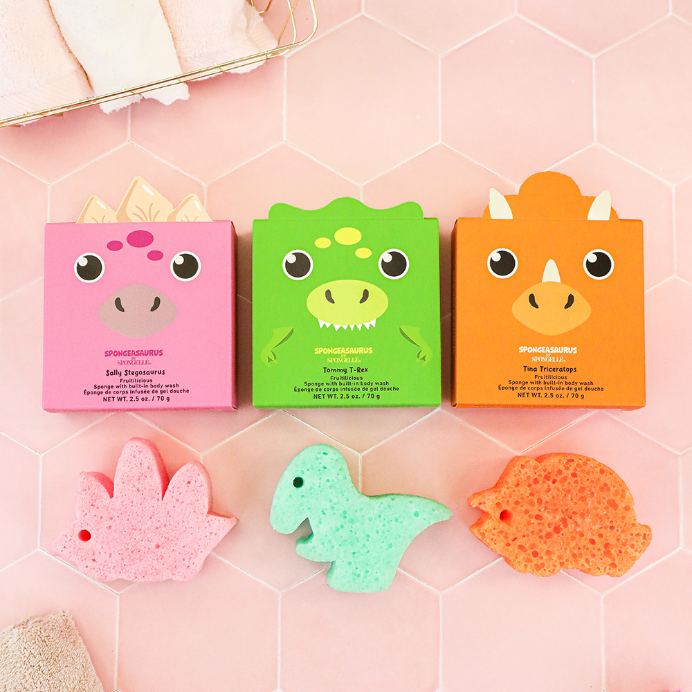 Spongellé Spongeasaurus assorted pack of body wash infused buffers with dinosaur-themed designs and vibrant colors.