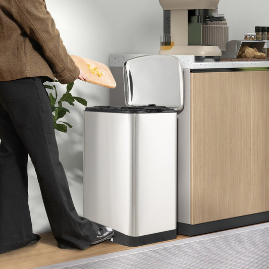 Stainless steel 13.2-gallon trash can with lock device, silver finish, durable design, and secure lid for waste management.