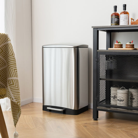 Stainless steel 13.2-gallon trash can with lock device in silver, featuring a sleek, durable design for secure waste disposal.