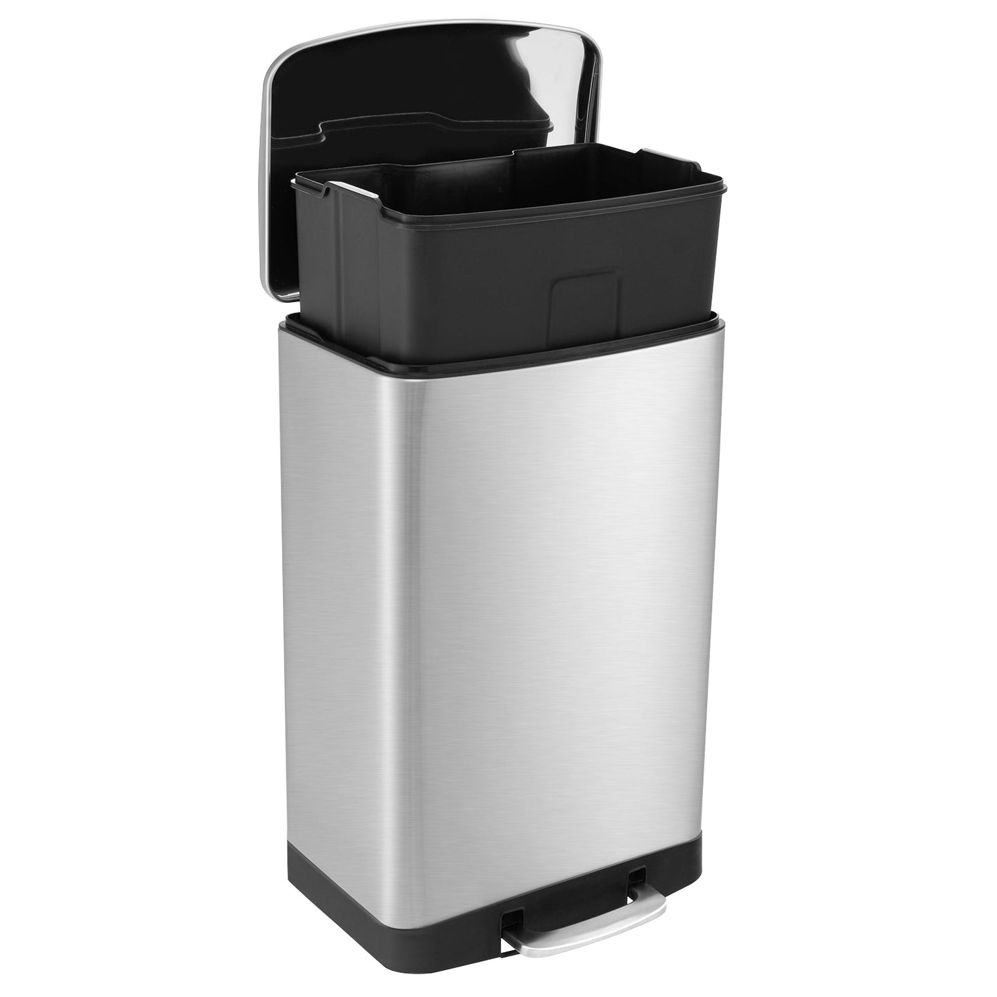 Stainless steel trash can with a lock device, 13.2-gallon capacity, in a sleek silver finish.