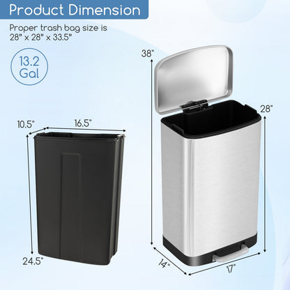 Stainless steel 13.2-gallon trash can with lock device, silver color, durable design, and secure lid for waste management.