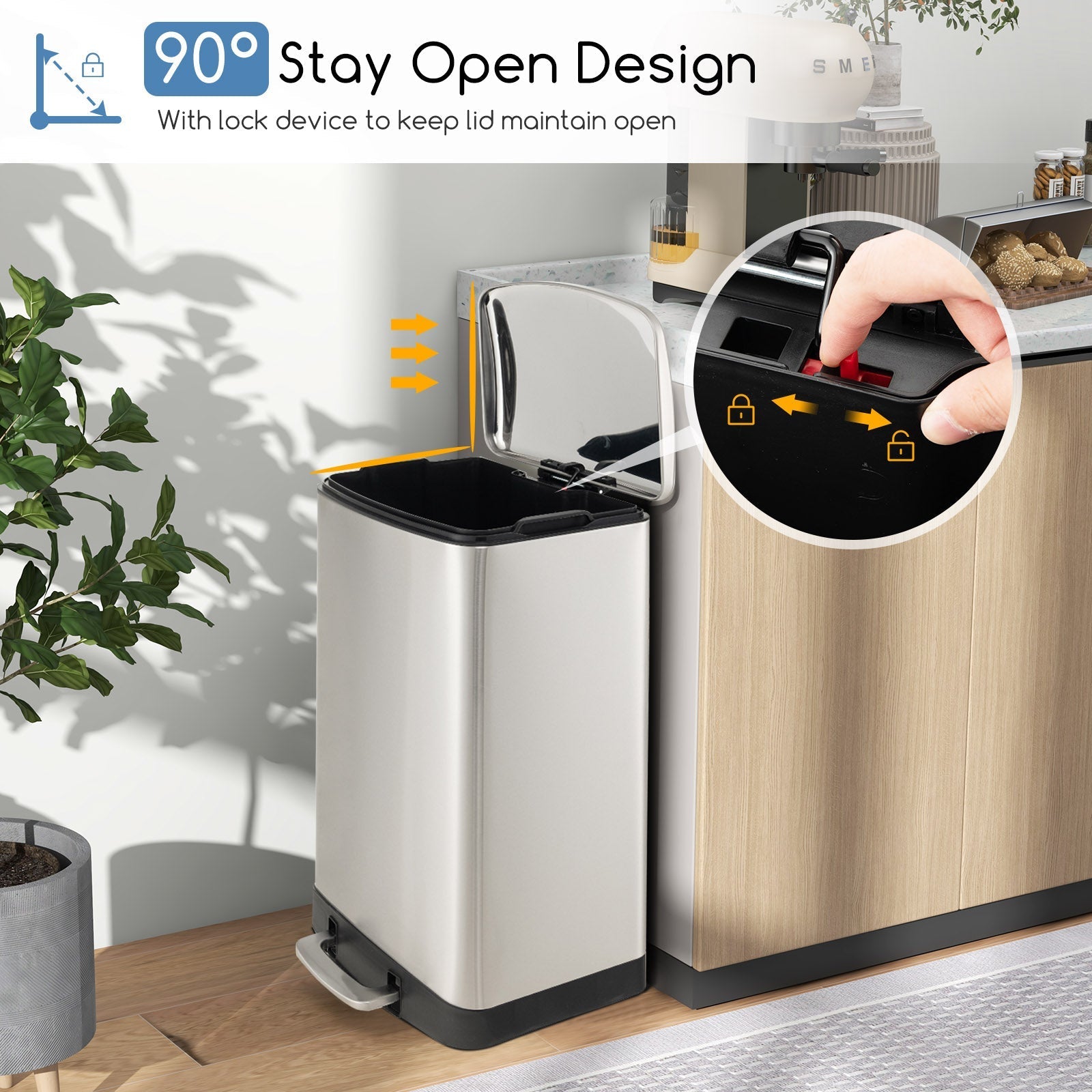 Stainless steel 13.2-gallon trash can with lock device by DirectDeals, featuring a sleek silver finish and secure lid.