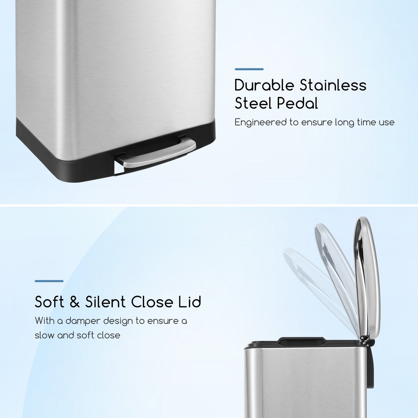 Stainless steel 13.2-gallon trash can with lock device by DirectDeals, silver color, featuring a lid and secure lock system.