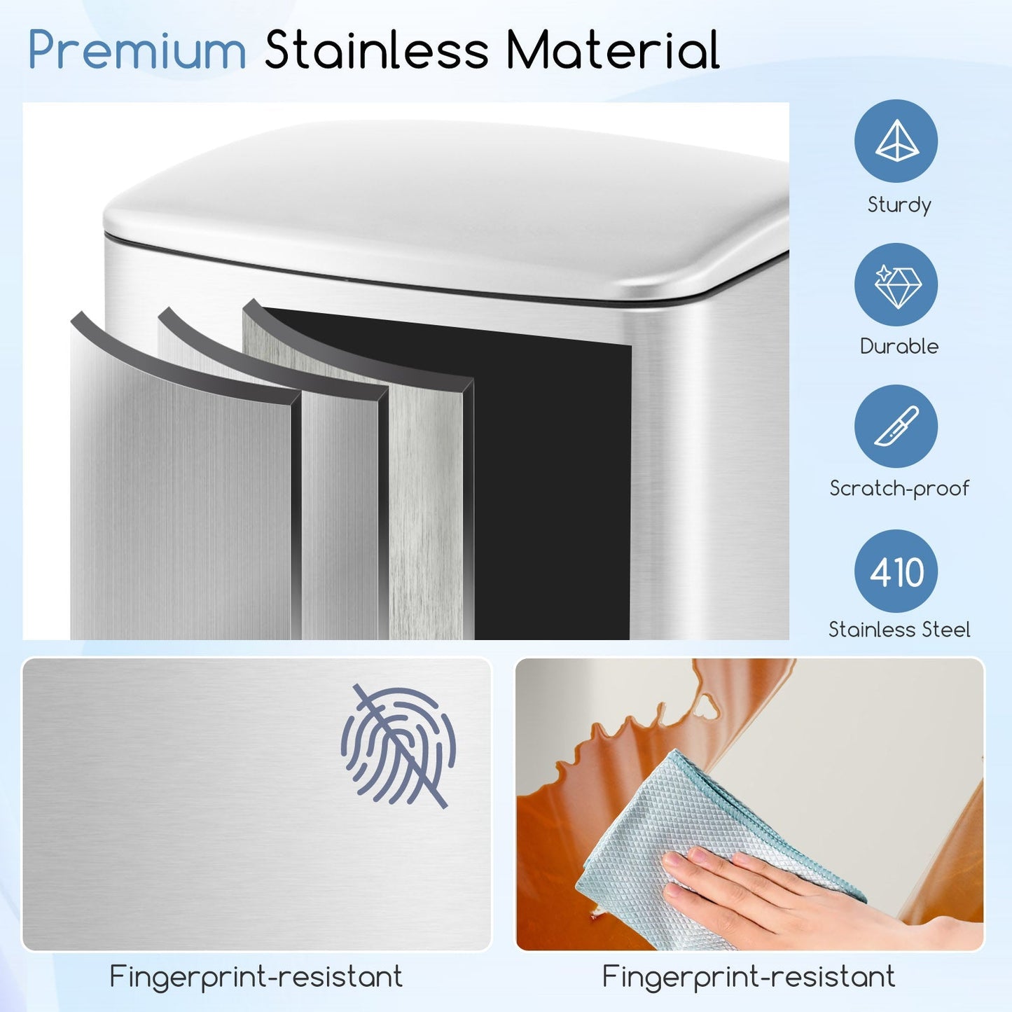 Stainless steel 13.2-gallon trash can with lock device in silver, durable and sleek for secure waste disposal.
